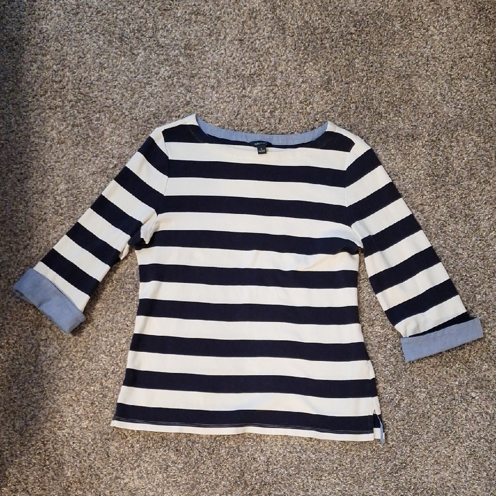 Preppy Nautical Black and White Top with Quarter Length Roll Sleeve Size Lg